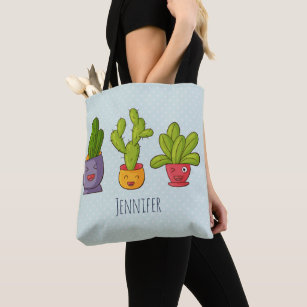 Happy Cute Cactus in Flower Pots Fun Illustration Tote Bag