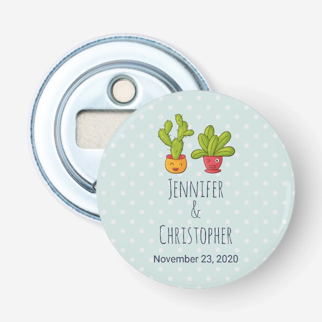 Happy Cute Cactus in Flower Pots Fun Wedding Bottle Opener (Front)