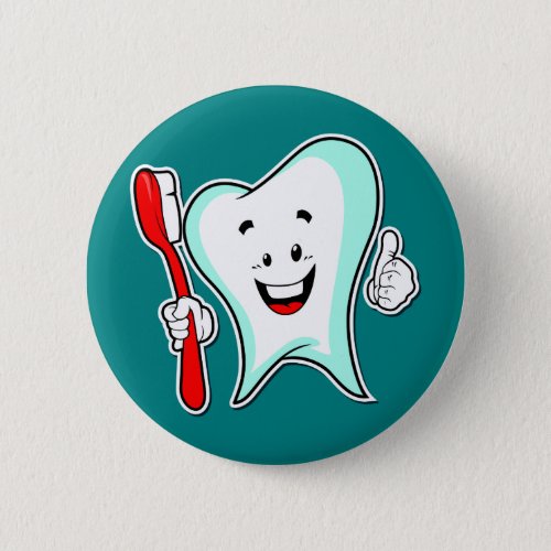 Happy Cute Cartoon Tooth With a Toothbrush Button
