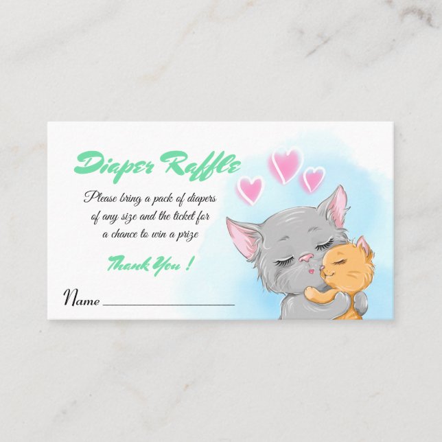 Happy Cute Cat Baby Shower Blue Baby Diaper Raffle Place Card (Front)