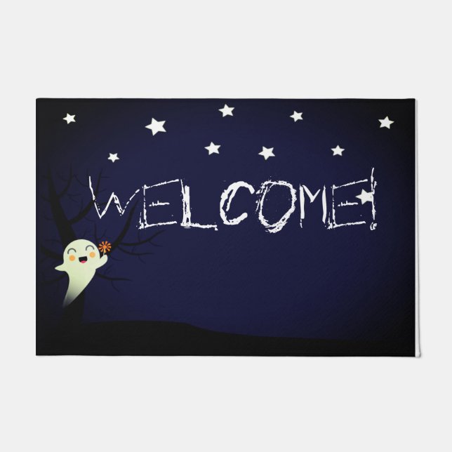 Happy Cute Ghost on a Starry Halloween Nightsky Doormat (Front)
