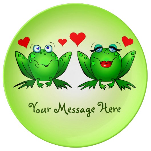 Happy Cute Green Cartoon Frogs Your Message Dinner Plate (Front)