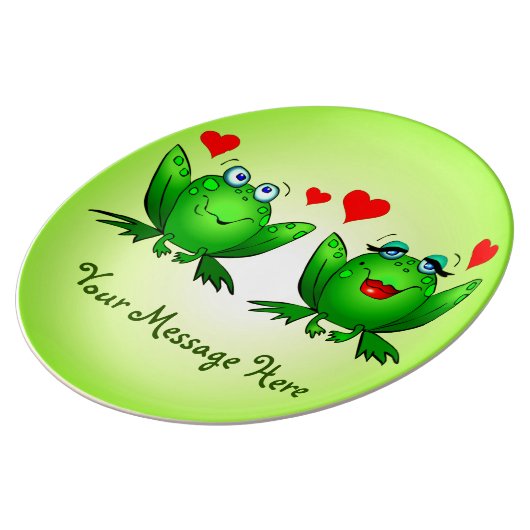 Happy Cute Green Cartoon Frogs Your Message Dinner Plate (Side)