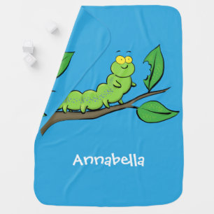 Happy cute green caterpillar cartoon illustration baby blanket