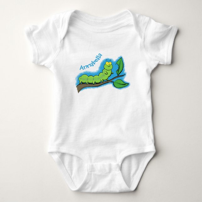 Happy cute green caterpillar cartoon illustration baby bodysuit (Front)