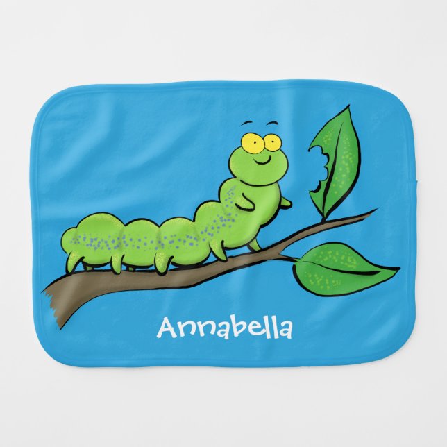 Happy cute green caterpillar cartoon illustration baby burp cloth (Front Horizontal)