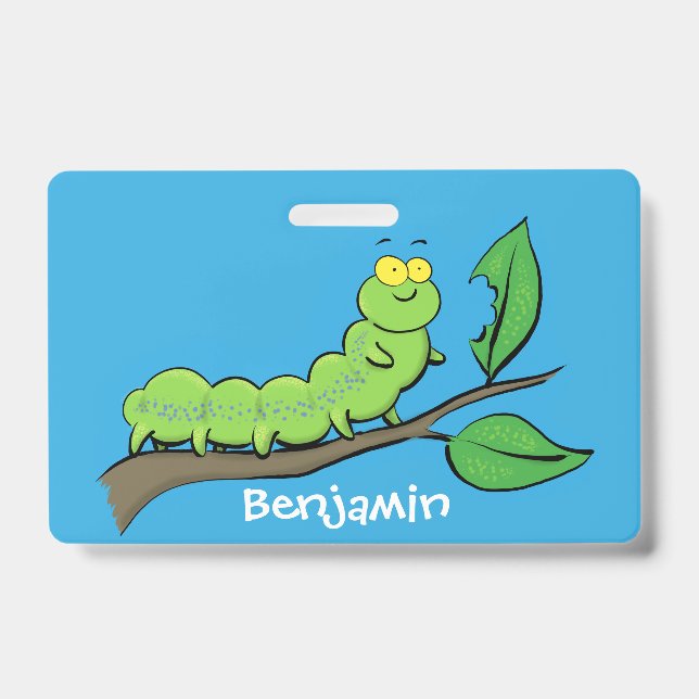 Happy cute green caterpillar cartoon illustration badge (Front)