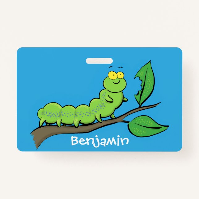 Happy cute green caterpillar cartoon illustration badge (Front)