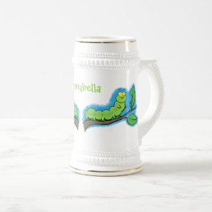 Happy cute green caterpillar cartoon illustration beer stein
