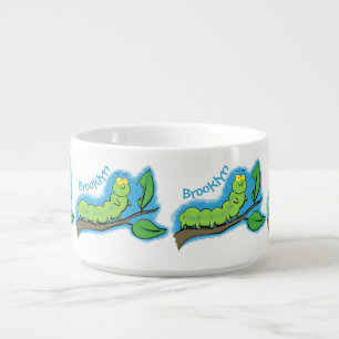 Happy cute green caterpillar cartoon illustration bowl