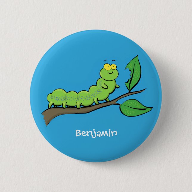 Happy cute green caterpillar cartoon illustration button (Front)