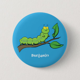 Happy cute green caterpillar cartoon illustration button