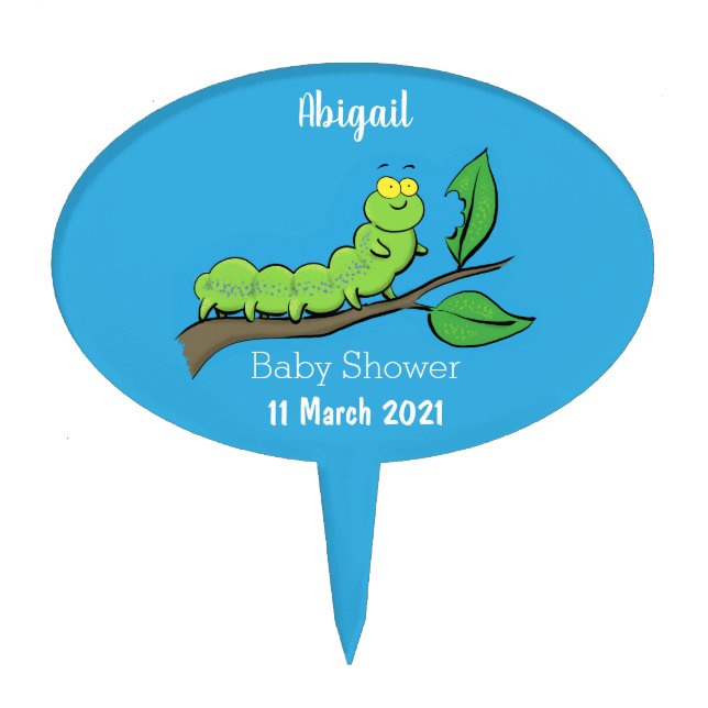Happy cute green caterpillar cartoon illustration cake topper (Front)