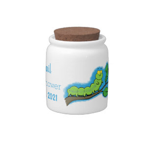 Happy cute green caterpillar cartoon illustration candy jar