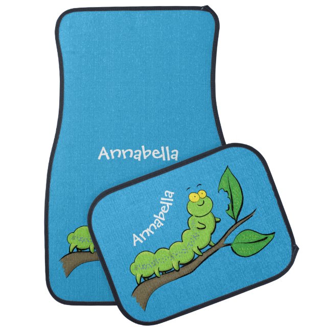 Happy cute green caterpillar cartoon illustration  car floor mat (Set)
