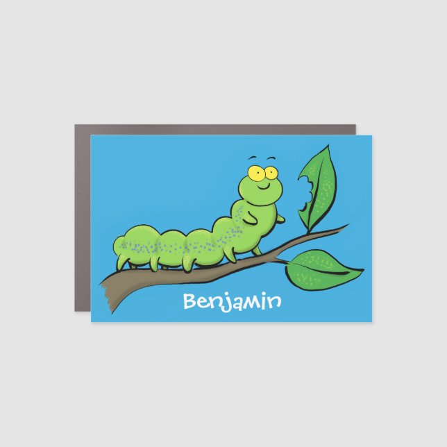 Happy cute green caterpillar cartoon illustration car magnet (Front)