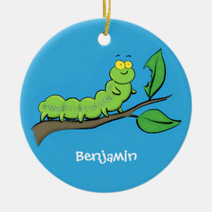 Happy cute green caterpillar cartoon illustration ceramic ornament