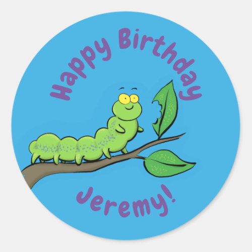 Happy cute green caterpillar cartoon illustration classic round sticker