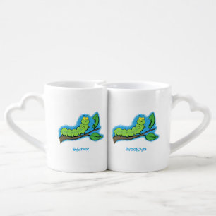 Happy cute green caterpillar cartoon illustration coffee mug set