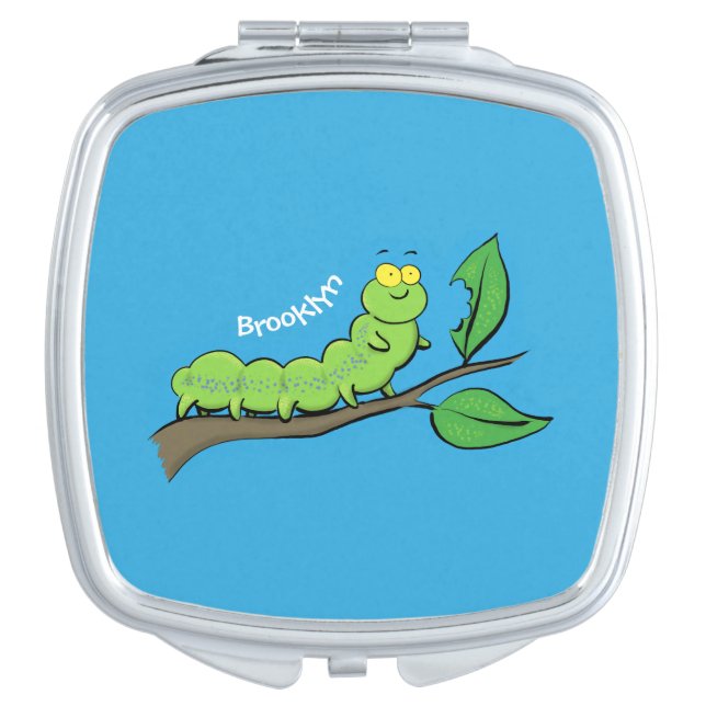 Happy cute green caterpillar cartoon illustration compact mirror (Front)