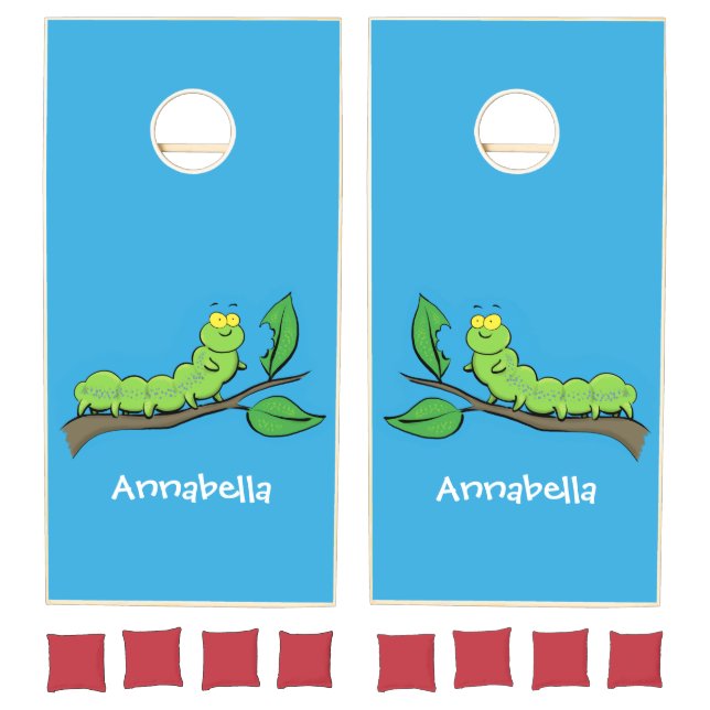 Happy cute green caterpillar cartoon illustration cornhole set (Set)