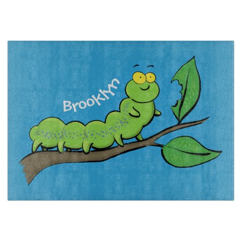 Happy cute green caterpillar cartoon illustration cutting board