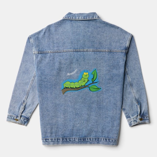 Happy cute green caterpillar cartoon illustration denim jacket (Back)