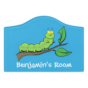 Happy cute green caterpillar cartoon illustration door sign