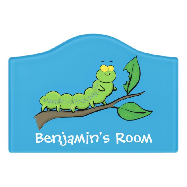 Happy cute green caterpillar cartoon illustration door sign (Small Crest Front)