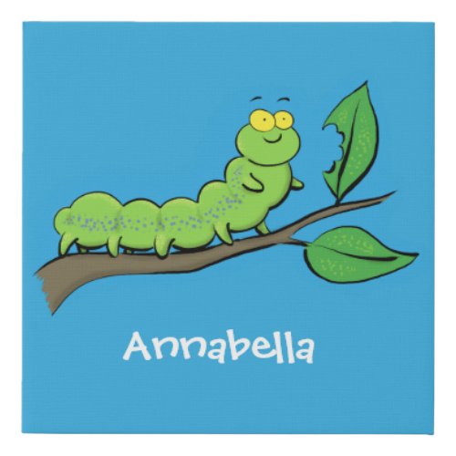 Happy cute green caterpillar cartoon illustration faux canvas print