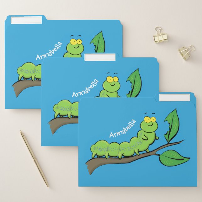 Happy cute green caterpillar cartoon illustration file folder (Set)