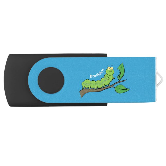 Happy cute green caterpillar cartoon illustration flash drive (Front)