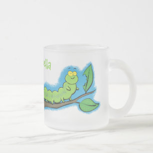 Happy cute green caterpillar cartoon illustration frosted glass coffee mug