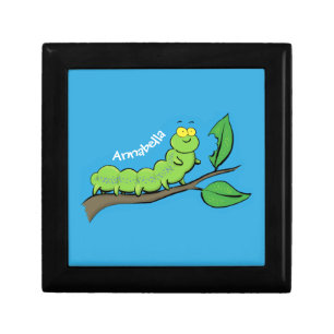Happy cute green caterpillar cartoon illustration gift box