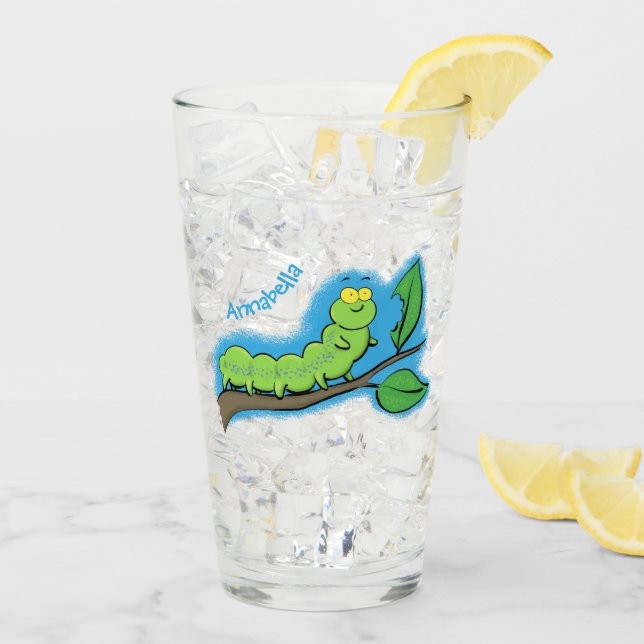 Happy cute green caterpillar cartoon illustration glass (Back Ice)