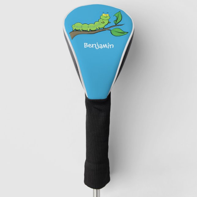 Happy cute green caterpillar cartoon illustration golf head cover (Front)