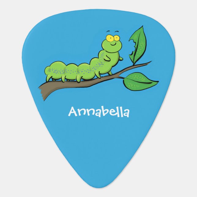Happy cute green caterpillar cartoon illustration guitar pick (Front)