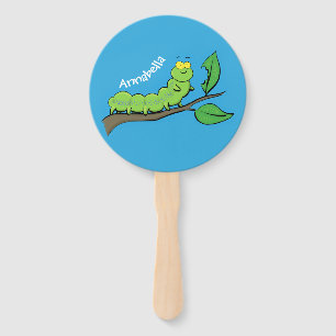 Happy cute green caterpillar cartoon illustration hand fan