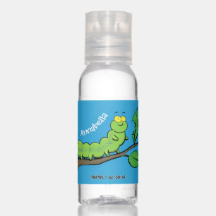 Happy cute green caterpillar cartoon illustration hand sanitizer