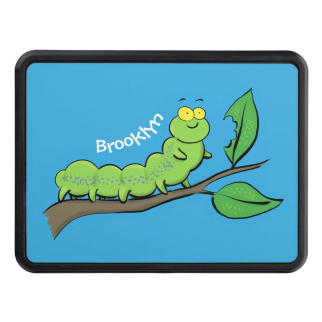 Happy cute green caterpillar cartoon illustration hitch cover (Front)