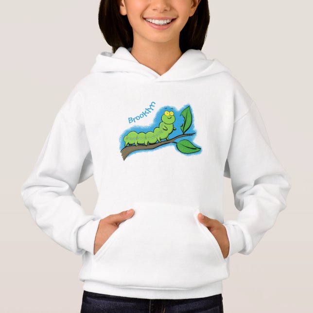Happy cute green caterpillar cartoon illustration hoodie (Front)