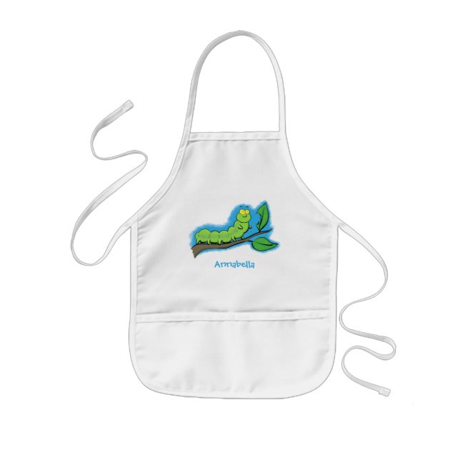 Happy cute green caterpillar cartoon illustration kids' apron (Front)