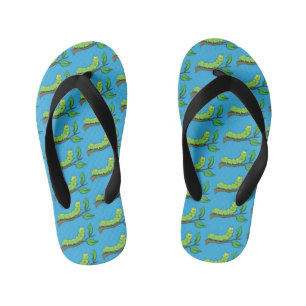 Happy cute green caterpillar cartoon illustration kid's flip flops