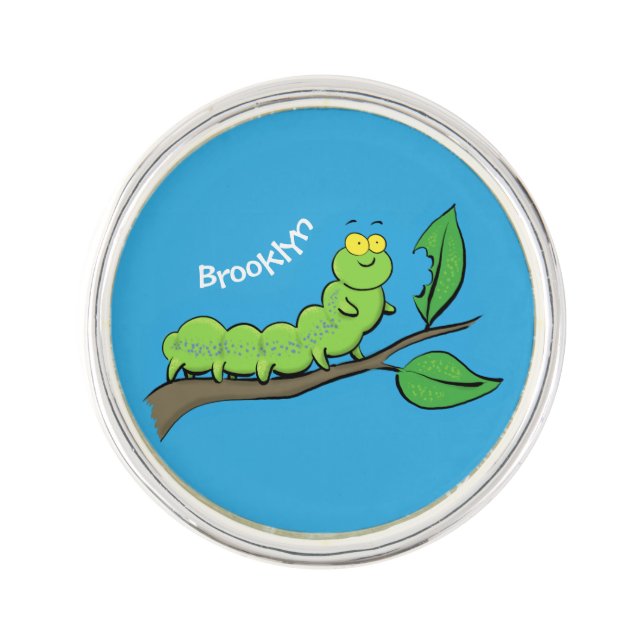Happy cute green caterpillar cartoon illustration lapel pin (Front)