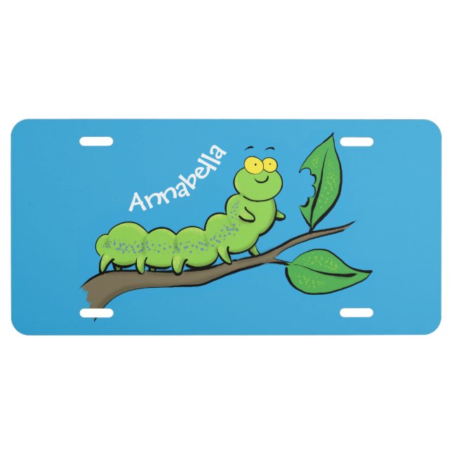 Happy cute green caterpillar cartoon illustration license plate (Front)