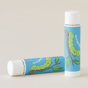 Happy cute green caterpillar cartoon illustration lip balm