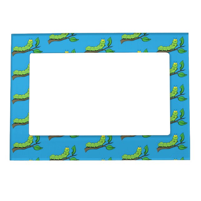 Happy cute green caterpillar cartoon illustration magnetic frame (Front)