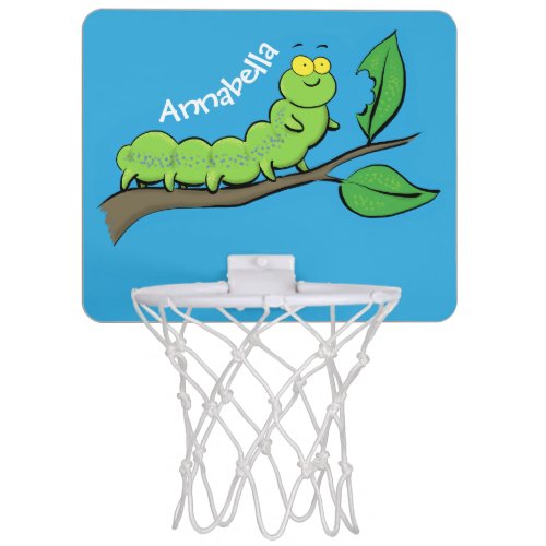 Happy cute green caterpillar cartoon illustration mini basketball hoop