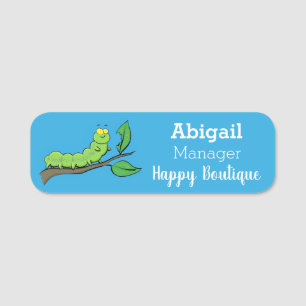 Happy cute green caterpillar cartoon illustration name tag