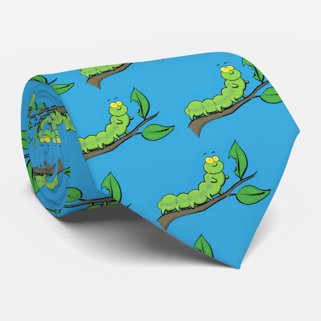 Happy cute green caterpillar cartoon illustration neck tie (Rolled)